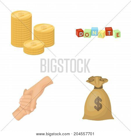 A pile of coins for donations, colored cubes with an inscription, a handshake, a bag of money for donations. Charity and donation set collection icons in cartoon style vector symbol stock illustration .