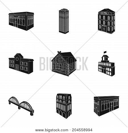 Municipality building, bank office building, stable, wooden hut, bridge and other architectural structures. Architecture and facilities set collection icons in black style vector symbol stock illustration .