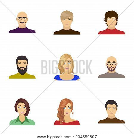 Appearance of the girl in glasses, a guy with a hairdo, a bald man with a beard and other varieties of face. Faces and appearance set collection icons in cartoon style vector symbol stock illustration .