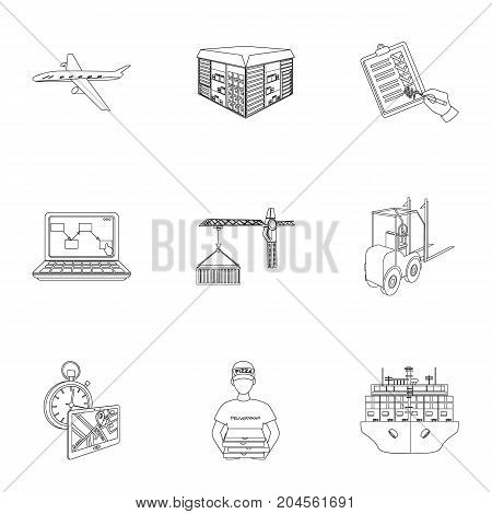 Forklift, cargo plane, goods, documents and other items in the delivery and transportation. Logistics and delivery set collection icons in outline style isometric vector symbol stock illustration .
