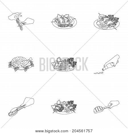 Fried chicken, cooking chop, slicing vegetables, shish kebab and other elements of cooking. Food and Cooking set collection icons in outline style vector symbol stock illustration .