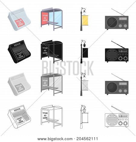 Newspaper, your advertising is here, stop transport, street lamp with banner, radio. Advertising set collection icons in cartoon black monochrome outline style vector symbol stock illustration .