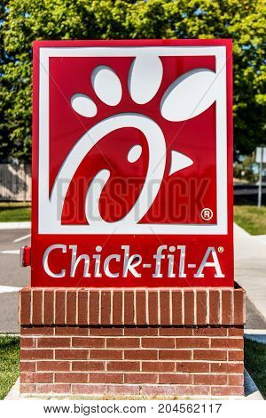 Madison WI - 13 September 2017: Chick fil A sign on the side of a street letting customers know where the food is at.