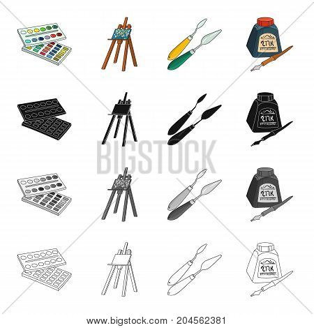 Watercolor paints, an easel artist, a spatula for drawing, a pen and an inkwell. Artist and drawing set collection icons in cartoon black monochrome outline style vector symbol stock illustration .