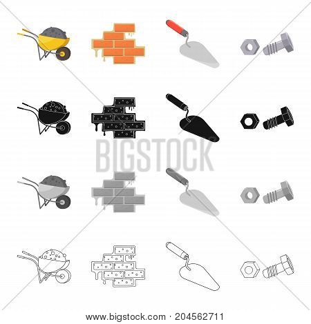 Construction wheelbarrow, brickwork, trowel, bolt with nut. Construction and repair set collection icons in cartoon black monochrome outline style vector symbol stock illustration .