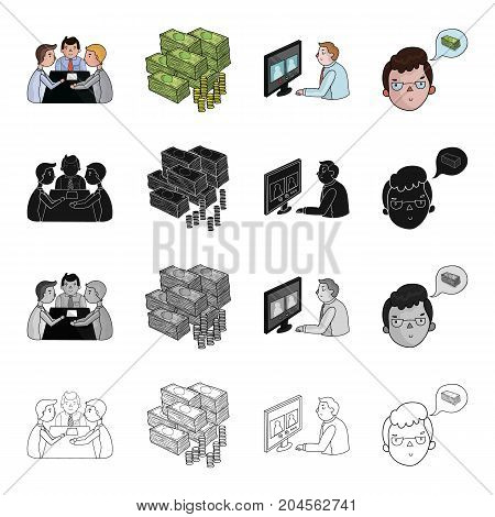 Discussion of businessmen, money, videoconference, business idea. Business conference set collection icons in cartoon black monochrome outline style vector symbol stock illustration .