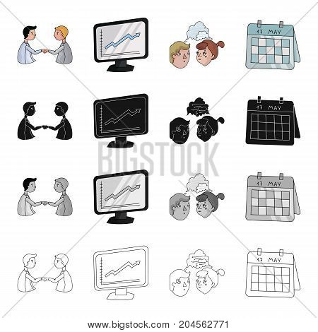 Business transaction, videoconference, schedule on the monitor, brainstorming, date in the calendar. Business conference set collection icons in cartoon black monochrome outline style vector symbol stock illustration .