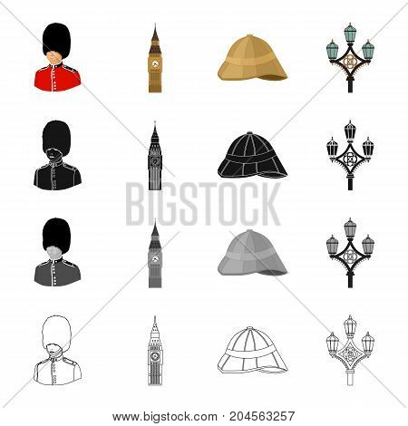 The Royal Guardsman, the Big Ben Tower, the English cork hat, the street lamp. England set collection icons in cartoon black monochrome outline style vector symbol stock illustration .
