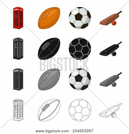 Red telephone booth, rugby ball and football, English cricket game. England set collection icons in cartoon black monochrome outline style vector symbol stock illustration .