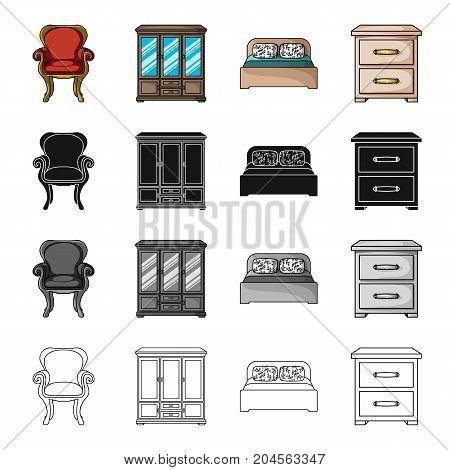 Retro furniture, armchair, wardrobe with glasses, bed, chest of drawers. Furniture and interior set collection icons in cartoon black monochrome outline style vector symbol stock illustration .