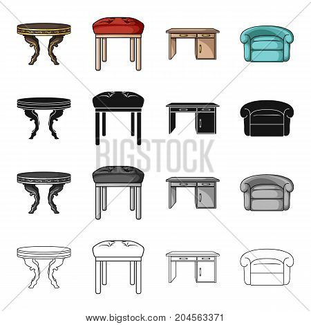 A dining table, a stool, an interior, a desk, an armchair. Furniture and home interiors set collection icons in cartoon black monochrome outline style vector symbol stock illustration .