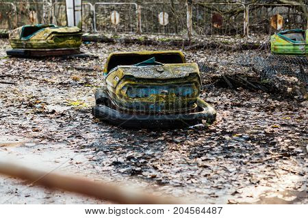 old broken autodrome after catastrophe in the pripyat