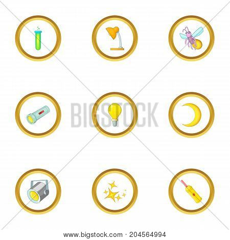 Sources of light icons set. Cartoon style set of 9 sources of light vector icons for web design