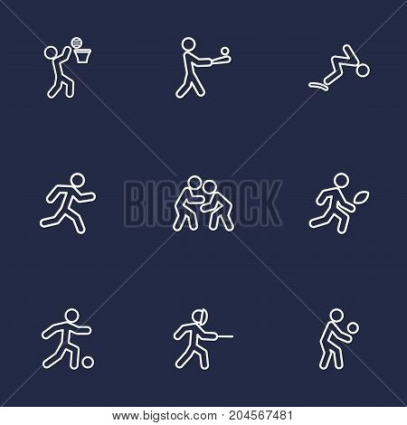 Collection Of Soccer, Fight, Swordplay And Other Elements.  Set Of 9 Sport Outline Icons Set.