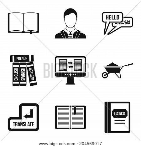 Translation book icons set. Simple set of 9 translation book vector icons for web isolated on white background