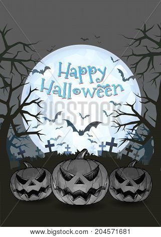 Jack o lantern glowing at foreground with cartoony style in the darkness graveyard background for halloween greeting on colorful artwork