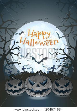 Jack o lantern glowing at foreground with cartoony style in the darkness graveyard background for halloween greeting on colorful artwork