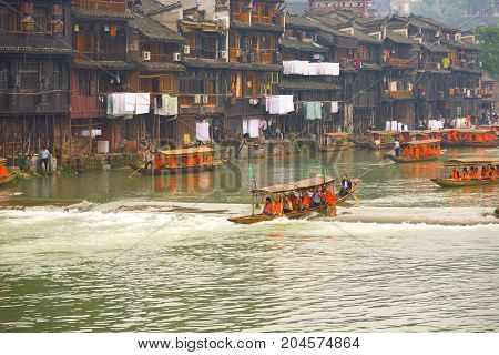 Fenghuang River Tourist Boat Traditional Houses