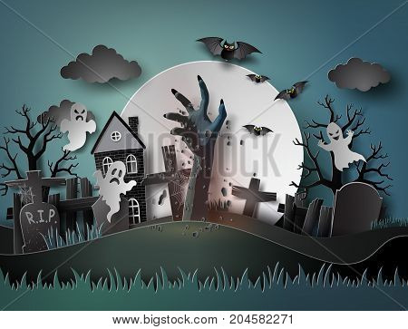 Halloween party with ghost and graveyard in fullmoon.The illustrations do the same paper art and craft style