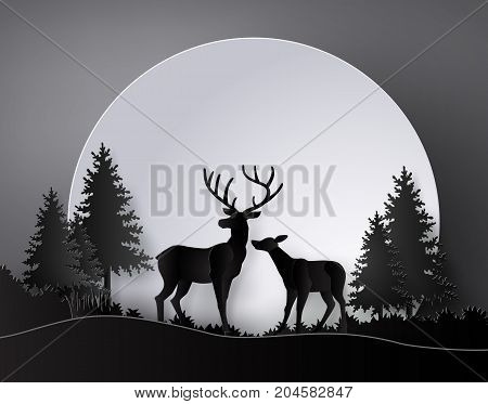 Deer in forest with deer in forest with full moon.The illustrations do the same paper art and craft style
