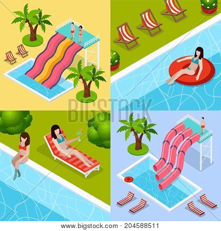 Four square water park aquapark isometric icon set with different types of waterslides vector illustration