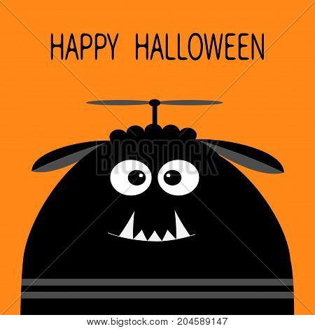 Happy Halloween card. Funny monster head silhouette with fang tooth and propeller. Cute cartoon character. Black color. Baby collection. Isolated. Orange background. Flat design. Vector illustration.
