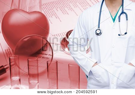 smart doctor with a stethoscope around his neck with double exposure red heart magnifying glass and laboratory form on desk and test tube in red color tone science and medical research concept