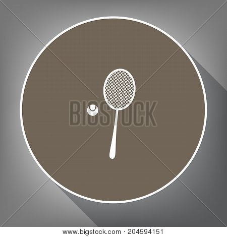 Tennis racquet with ball sign. Vector. White icon on brown circle with white contour and long shadow at gray background. Like top view on postament.