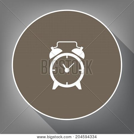 Alarm clock sign. Vector. White icon on brown circle with white contour and long shadow at gray background. Like top view on postament.