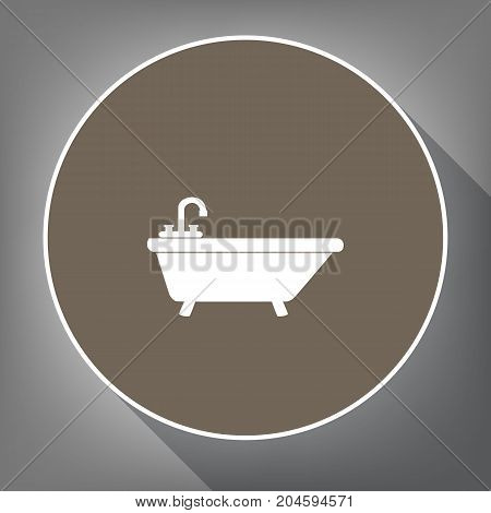 Bathtub sign illustration. Vector. White icon on brown circle with white contour and long shadow at gray background. Like top view on postament.