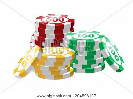 Red, green, yellow poker chips - modern vector isolated clip art on white background. Three stacks. Casino, gambling, luck, fortune concept