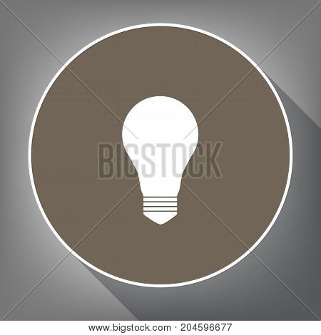 Light lamp sign. Vector. White icon on brown circle with white contour and long shadow at gray background. Like top view on postament.