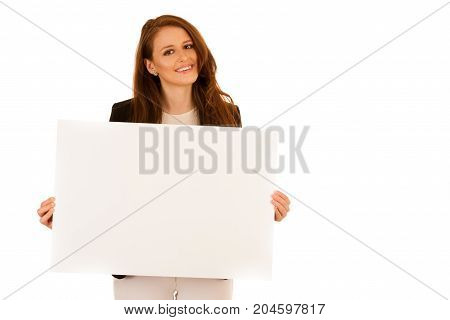 Attractive Business Woman Holding White Banner With Copy Spave For Additional Text Or Graphic Isolat