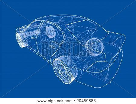 Concept car. Vector rendering of 3d. Wire-frame style. The layers of visible and invisible lines are separated
