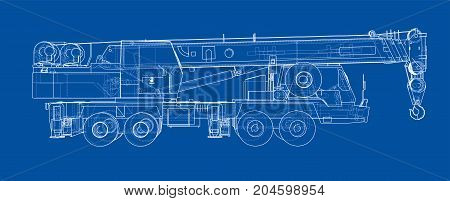 Mobile crane. Vector rendering of 3d. Wire-frame style. The layers of visible and invisible lines are separated