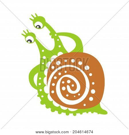 Cute thoughtful snail character, funny mollusk colorful hand drawn vector Illustration on a white background
