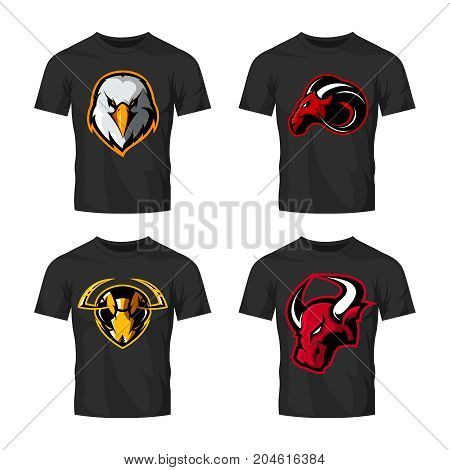 Furious hornet, bull, eagle and ram sport vector logo concept set isolated on white background. 
Street wear mascot team badge design. Premium quality wild animal emblem t-shirt tee print illustration.