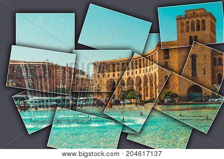 Collage grey background Dancing Fountains and architectural complex on Republic Square. Touristic architecture landmark. Sightseeing in Yerevan. City tour. Government House. Travel and tourism concept