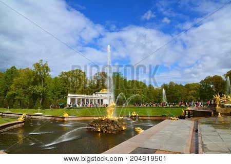 Peterhof, Russia - June 03. 2017. Samsons fountain tearing the jaws of a lion