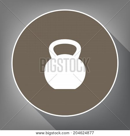 Fitness Dumbbell sign. Vector. White icon on brown circle with white contour and long shadow at gray background. Like top view on postament.