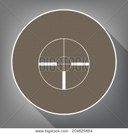 Sight sign illustration. Vector. White icon on brown circle with white contour and long shadow at gray background. Like top view on postament.