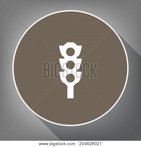 Traffic light sign. Vector. White icon on brown circle with white contour and long shadow at gray background. Like top view on postament.