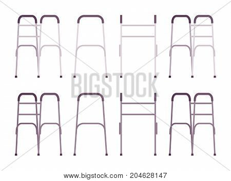 Elderly walker set. Support to maintain balance or stability while walking for senior people. Vector flat style cartoon illustration, isolated, white background, different positions