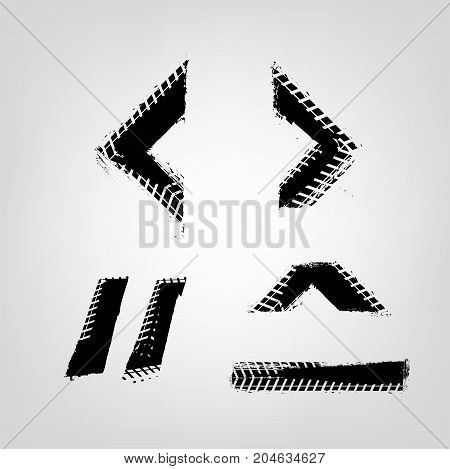 Grunge tire glyphs. Unique off road isolated lettering in a black colour on a light grey background. Vector illustration. Creative typography collection.