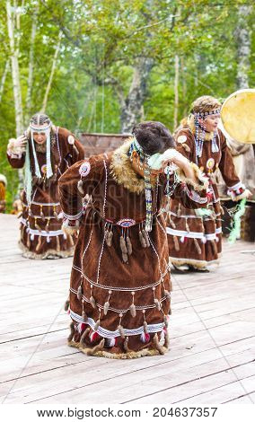 KAMCHATKA RUSSIA - SEPTEMBER 09 2017: Aborigine of Kamchatka dancing on dance marathon. Feast of the Aborigines of Kamchatka 