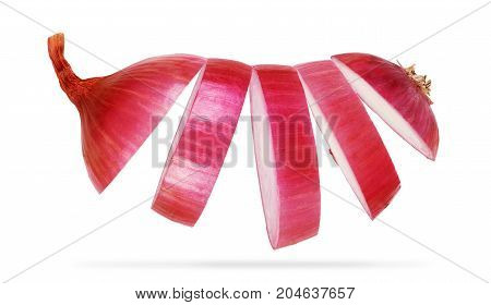 Sliced fresh red onion isolated on white background