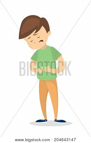 Isolated man with stomachache on white background.