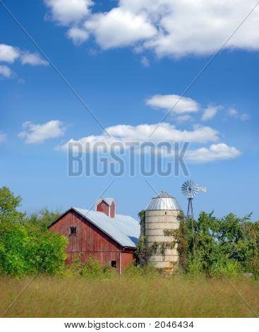 Old Red Barn And Silo