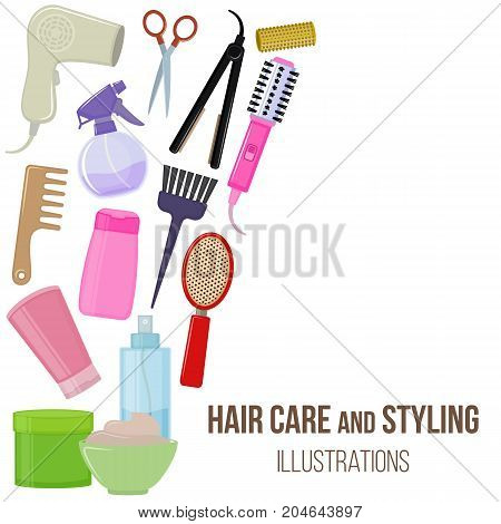 Set of colorful equipments for styling and hair care. Products and tools for home remedies of hair care. Vector