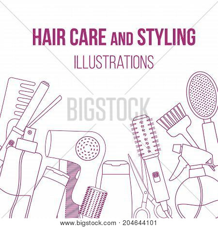 Set of line equipments for styling and hair care. Products and tools for home remedies of hair care. Vector